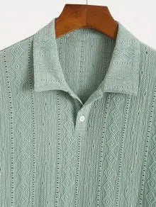 Gull Clothing Article #7412 Men's Solid Color Textured Openwork Polo Collar Half Buttoned Short Sleeves Shirt - Light Green M